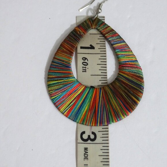 Multicolor Thread Wrapped Teardrop Earrings With Silver Hooks 2.5" x 2" - Picture 3 of 6